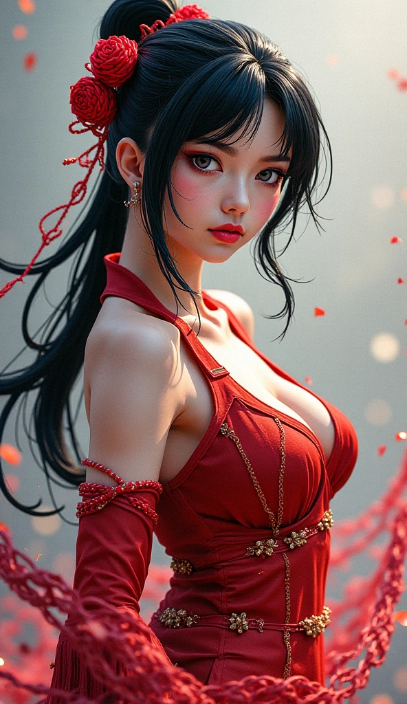 tmasterpiece, Best quality at best, 1girll, Hinata Hyuga ,High midfielders breasts,Off-the-shoulder attire,(cleavage),(upperbody closeup),Raised sexy,is shy,ssmile,with black hair, long whitr hair, (Green eyeballs:1.4), Forehead protection, the cherry trees,Cherry blossoms flying,Red clothes,Zipper half ,realisticphoto ,animerealitic, realistic , perffeck charakter , quality detail , ultra high , anime from realistic , shoflen byakugan ,1girl, Hinata Hyuga , in anime Naruto , short hair, black hair, red eyes, smile, beautiful, sexy dress, sexy clothes, red clothes, wear red glasses, very big breast, realistic clothes, detail clothes, outdoor background, ultra detail, realistic ,quality detailed ,high eyes , face realistic , full body eyes , perffect charater