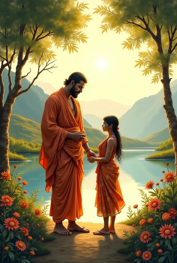 beautiful girl sitting. Krishnaji is standing near her, krishnaji giving her blessings, tara is written on her t-shirt, a boy is sitting with her and rahul is written on his T-shirt