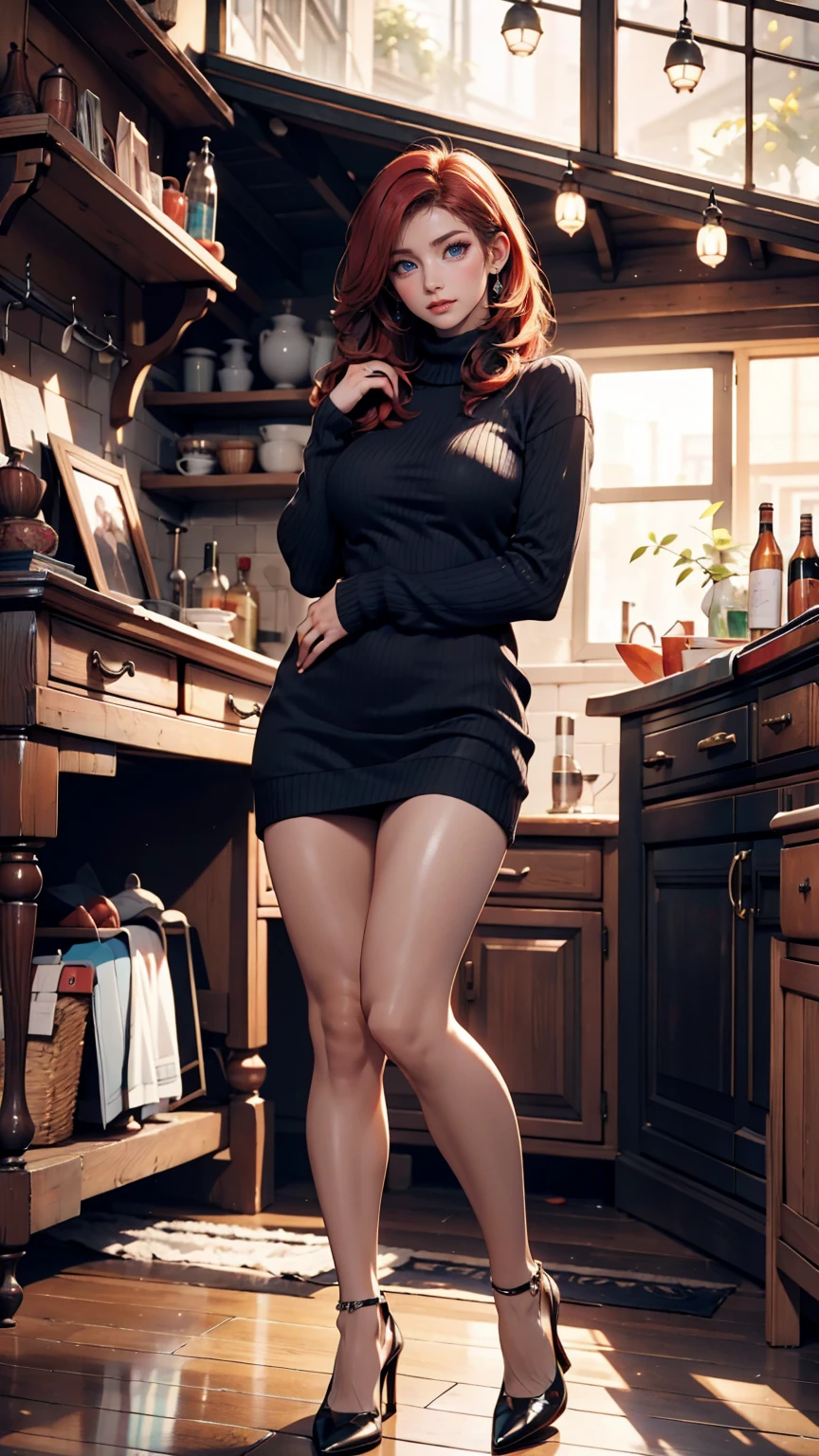 (from above:1.3), (tiny:1.5) amazing stunningly beautiful (curvy:1.4) (doll-sized:1.4) (christina hendricks:1.2) (in a green 1960s secretary tight dress:1.3) (standing on a wooden floor:1.5) (holding an oversized gigantic coffee mug:1.5), (wide hips:1.3),  (hair in a messy bun:1.4), pale skin,  (seductive smile:1.3), 