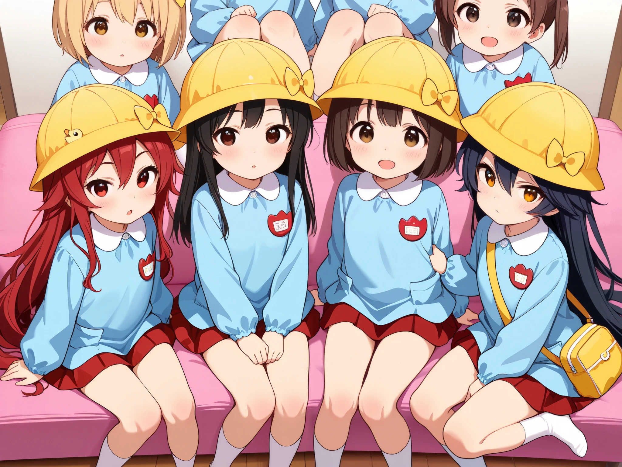 6girls, group of girls, multiple girls, (masterpiece, best quality, highly detailed, ultra detailed), bird eye view, So many girls, flat chested, various hair colors, small breasts, kindergarten, kindergarten cap, kindergarten uniform, kindergarten bag, socks