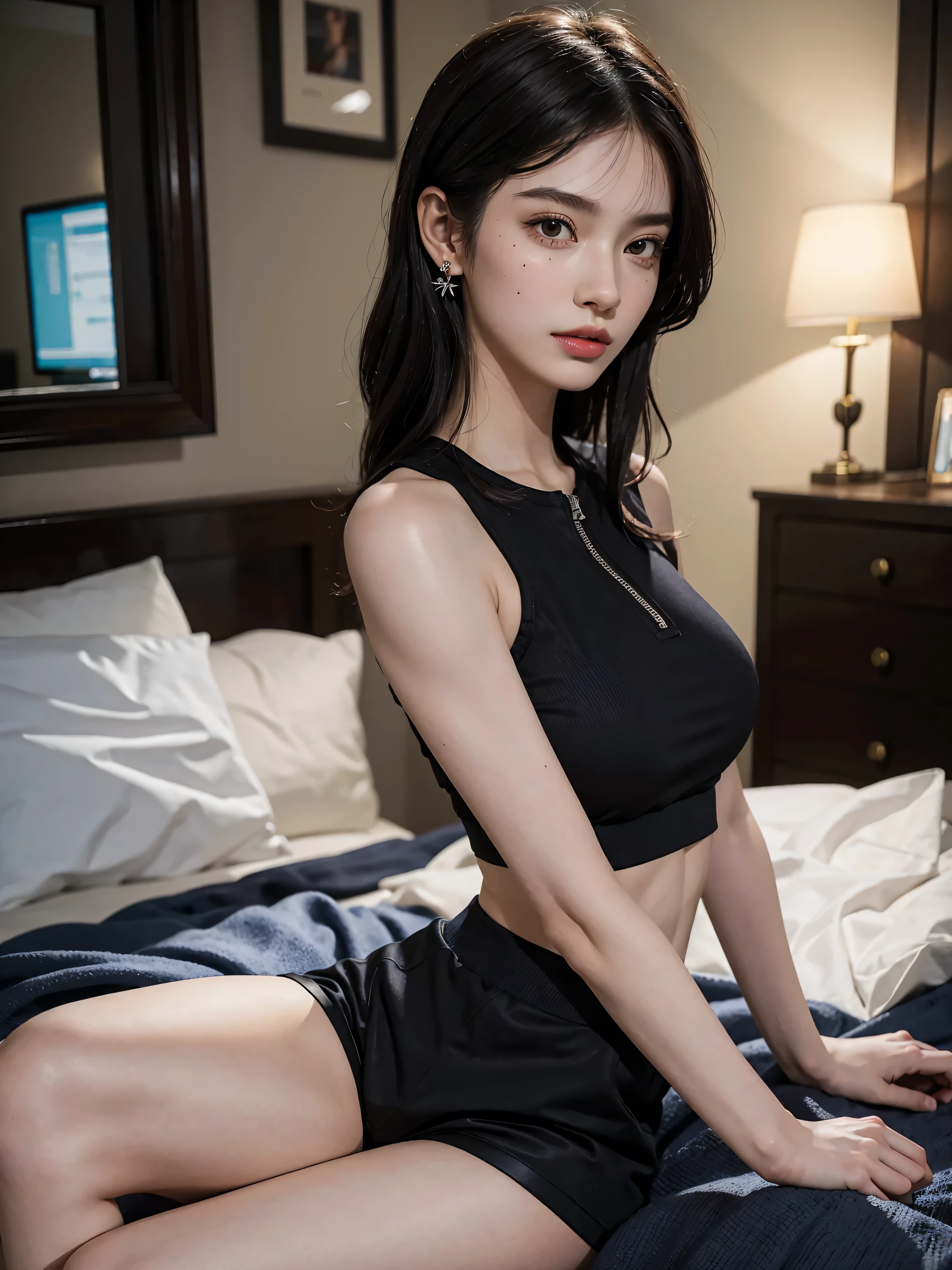 hay una mujer sentada en una cama con un top negro, cara bonita con brazos y piernas, muchacha coreana, hermosa joven coreana, ropa abierta en el pecho, 2  old female model, asian girl, preciosa modelo china, beautiful asian girl, foto de modelo chica delgada, tendencia en cgstation, hermosa mujer surcoreana, modelo de instagram