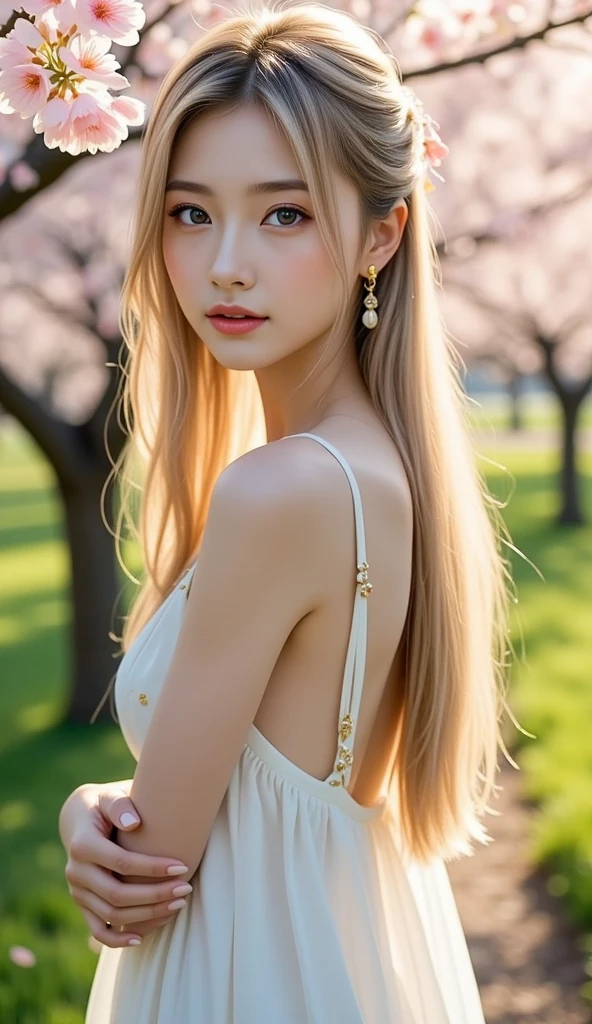 (highest quality, 32k, High resolution, masterpiece:1.5, ), ((Fantastic pale air and soft swirl of light)), A sense of tranquility and calm beauty, beautiful japanese woman, 16 years old, ((shining platinum blonde hair)), ((Super long straight silk hair swaying in the wind)), asymmetrical bangs, magical beautiful eyes, High resolutionの潤んだ黒い瞳, smooth and soft skin, bright makeup, Attractive pink lips, ((Naked back view, think back, Beautiful perfect back)), High resolutionの完璧な肩, slender body shape, High resolutionの美しい太もも, ((look up at the sky)), In the sunlight filtering through the spring leaves, Beautiful grassland stretching to the horizon, ((Colorful sparkling flowers々effect:1.4)), professional lighting, professional photographer, Professional models, god秘的, god々aura