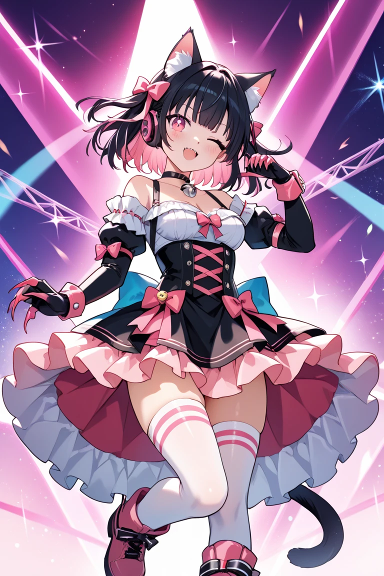 Highest quality、Black Hair、Iris、short hair、girl、cute、16 years old、、Small hair ornament、1 person、Cosplay、Magical girl、Pink frilly dress、You can see a little bit of her underwear、Panty shot、Bright smile、A slightly embarrassed look