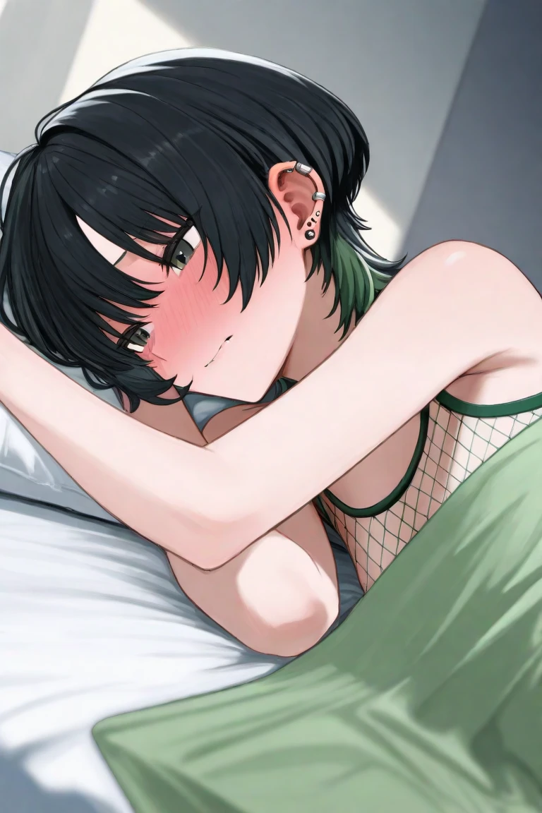 one-punch man, Fubuki character, black lingerie, annoyed, blushing, lying down , bed, 
