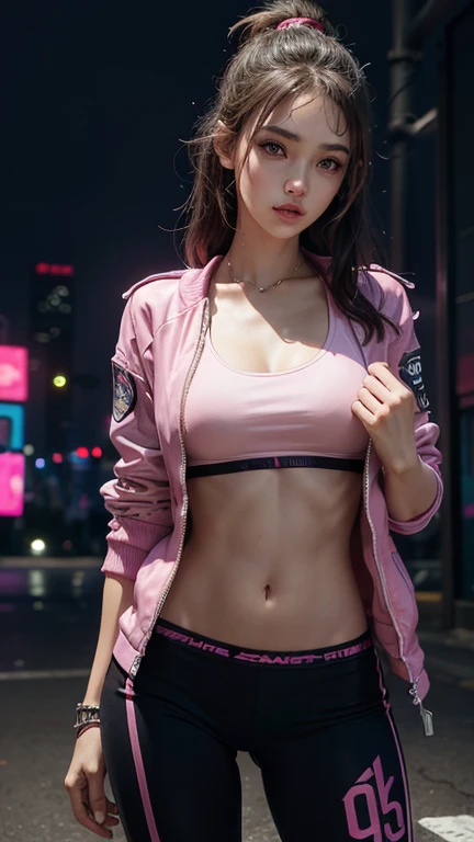 Top quality: 1.4, high resolution, perfect lighting, one woman, big breasts, pink leather clothes, jersey top, machine gun, headphones,