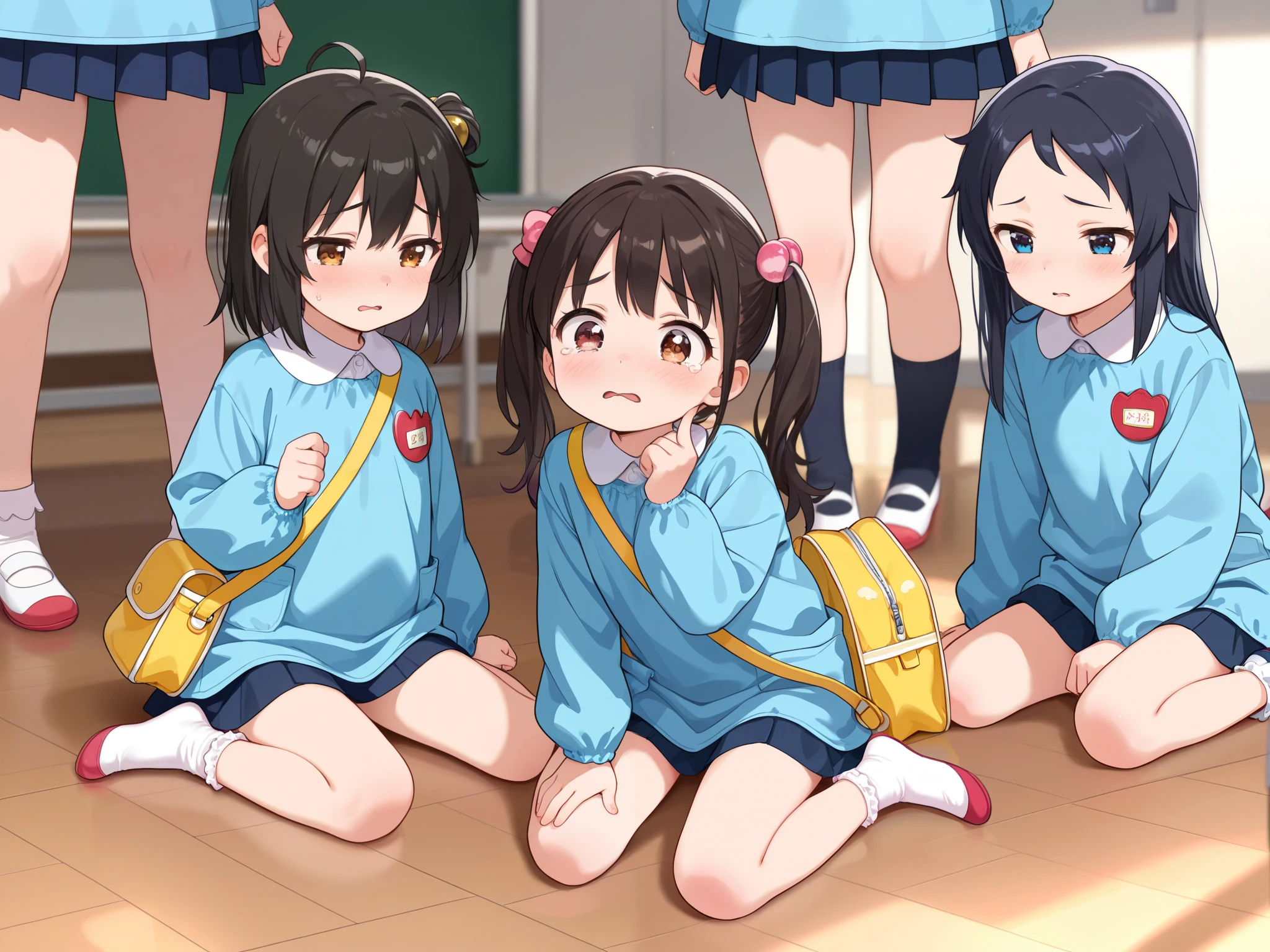 (masterpiece, best quality, highly detailed, ultra detailed), kawaii face, (perfect anatomy, best anatomy, extremely detailed, nice hand, perfect hand), (nice leg, perfect leg),(nice finger, perfect finger), (random pose), (random hair color:1.2), (different hair style, different face), (( loliFive girls hugging each other while sitting on the floor in a school classroom, wariza, 5girls, teary eyes, raised eyebrows, despair, kindergarten, kindergarten cap, kindergarten uniform, kindergarten bag, socks