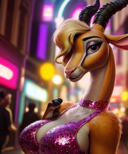 (by pixelsketcher:0.6), (by personalami :0.6), solo, female, gazelle (zootopia), detailed background, (cinematic lighting:1.1), (perfect focus:1.1), 8k hd, photo, (detailed eyes:1.2),depth of field, bokeh, subsurface scattering, wide angle, bright colors, (furry detail:1.3),detailed background,realistic, photorealistic, ultra realistic, Mardi Gras, festival, night time,(short tail),(fluffy:1.3), (realistic fur:1.1), (extreme fur detail:1.2),sexy pose, blonde hair, pink sequined dress, big breasts, full body, wide hips