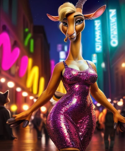 (by pixelsketcher:0.6), (by personalami :0.6), solo, female, gazelle (zootopia), detailed background, (cinematic lighting:1.1), (perfect focus:1.1), 8k hd, photo, (detailed eyes:1.2),depth of field, bokeh, subsurface scattering, wide angle, bright colors, (furry detail:1.3),detailed background,realistic, photorealistic, ultra realistic, Mardi Gras, festival, night time,(short tail),(fluffy:1.3), (realistic fur:1.1), (extreme fur detail:1.2),sexy pose, blonde hair, pink sequined dress, big breasts, full body, wide hips