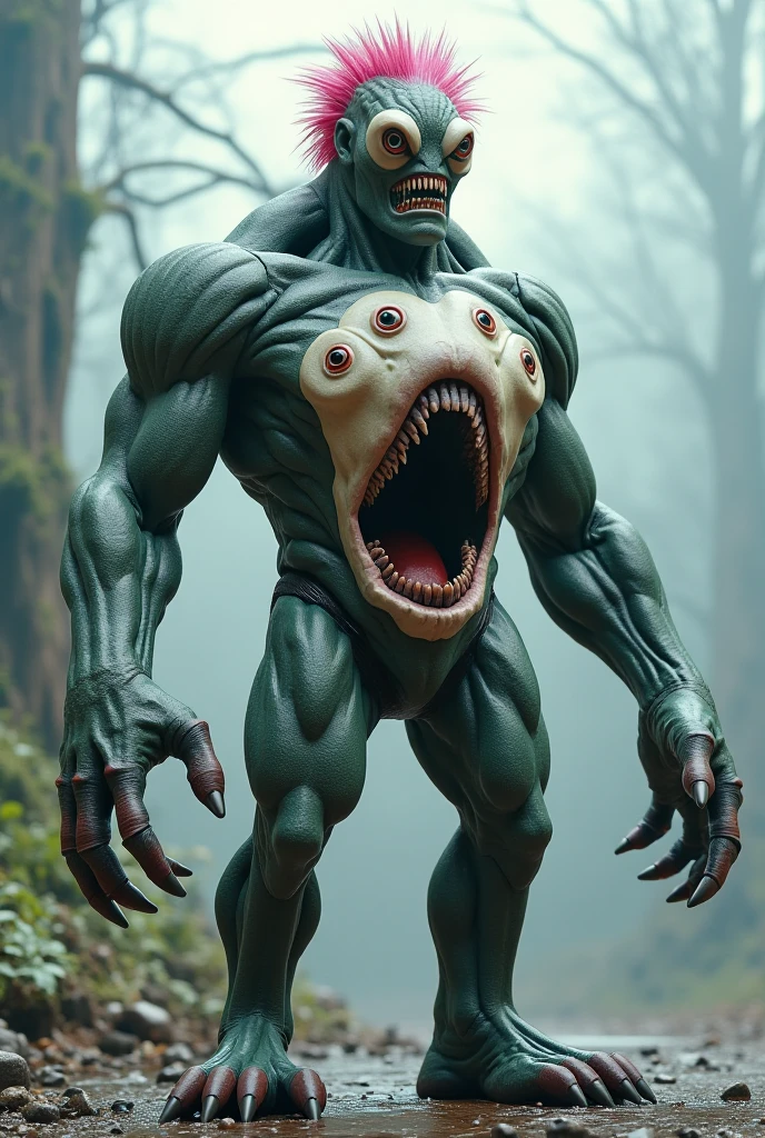 A totally scary and black monster with a rotten smile and yellow teeth and a bloody mouth ((real-life)) ((on green screen))