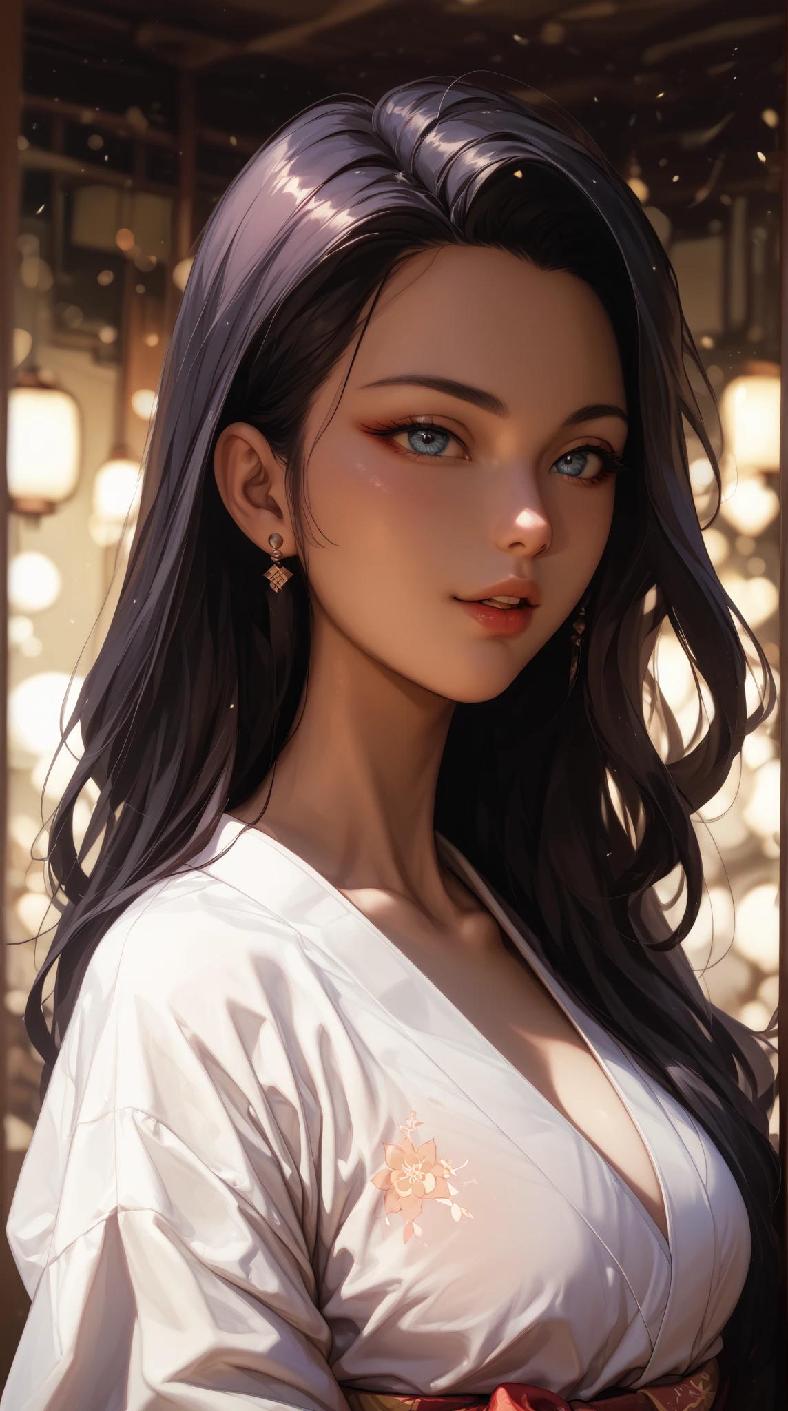 a beautiful girl with long black hair, beautiful detailed eyes, beautiful detailed lips, beautiful detailed face, large breasts, solo girl, realistic portrait, highly detailed, 8k, photorealistic, intricate detail, cinematic lighting, volumetric lighting, soft lighting, chiaroscuro, elegant, graceful pose, serene expression, natural skin tones, vibrant colors