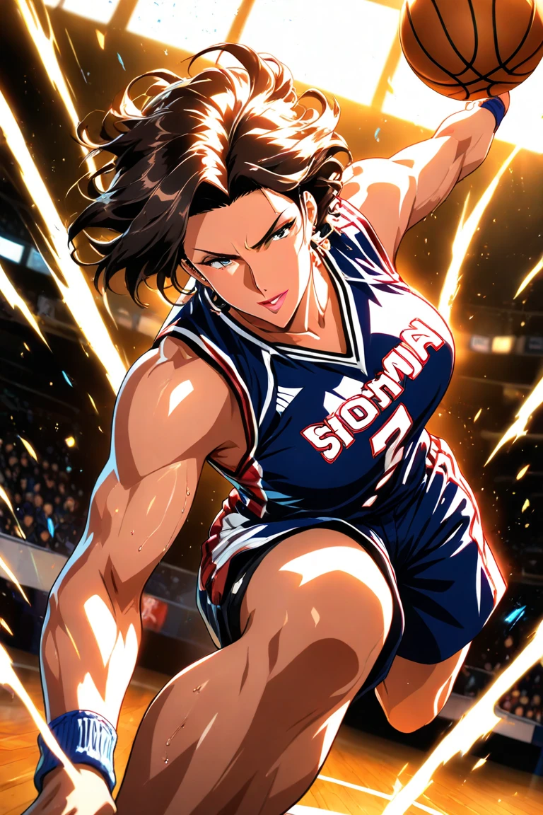 Anime-style, female basketball player, basketball player uniform, Dynamic poses, neon sweat effects