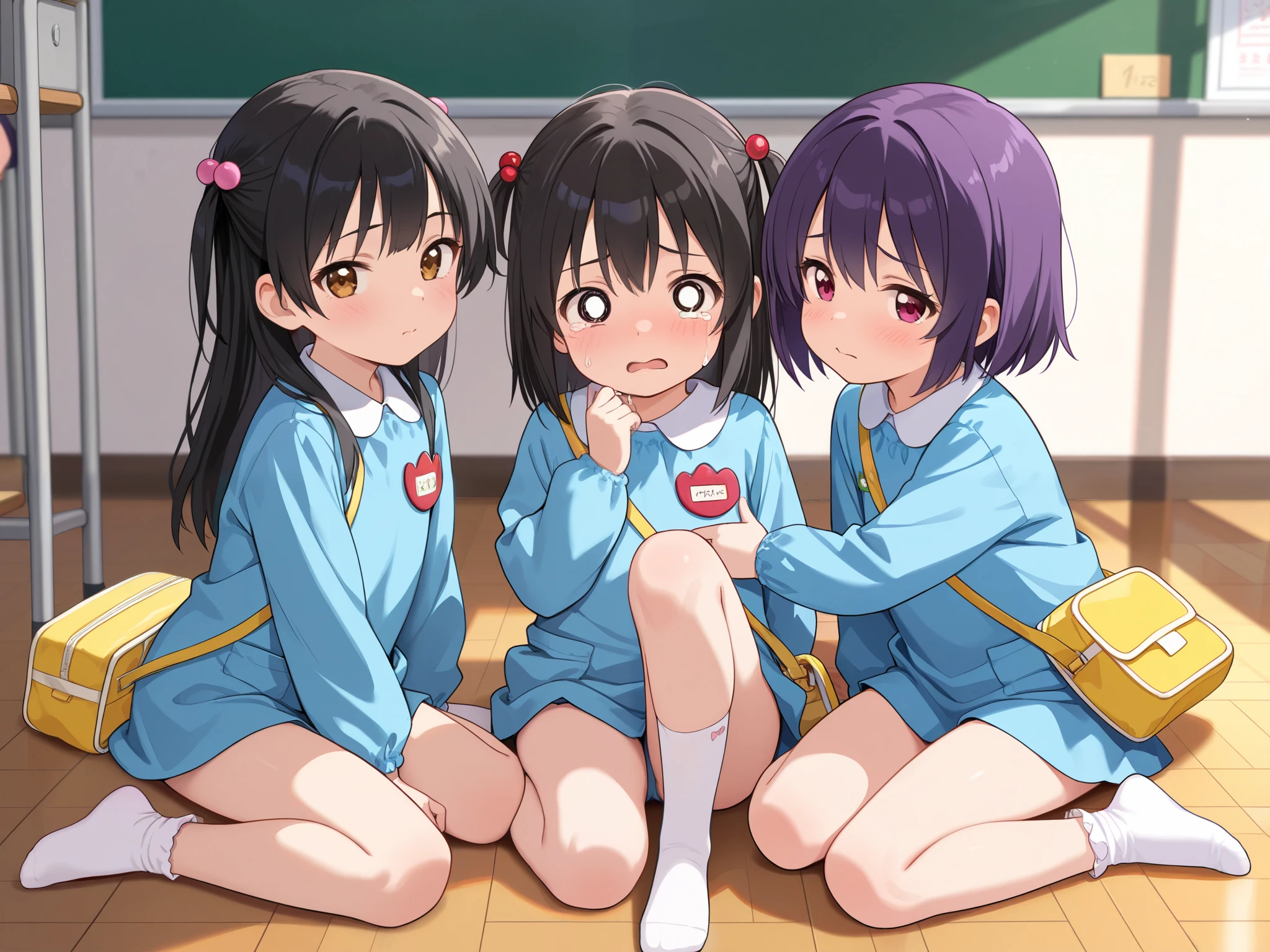 (masterpiece, best quality, highly detailed, ultra detailed), kawaii face, (perfect anatomy, best anatomy, extremely detailed, nice hand, perfect hand), (nice leg, perfect leg),(nice finger, perfect finger), (random pose), (random hair color:1.2), (different hair style, different face), (( loliFive girls hugging each other while sitting on the floor in a school classroom, wariza, 5girls, teary eyes, raised eyebrows, despair, kindergarten, kindergarten cap, kindergarten uniform, kindergarten bag, socks