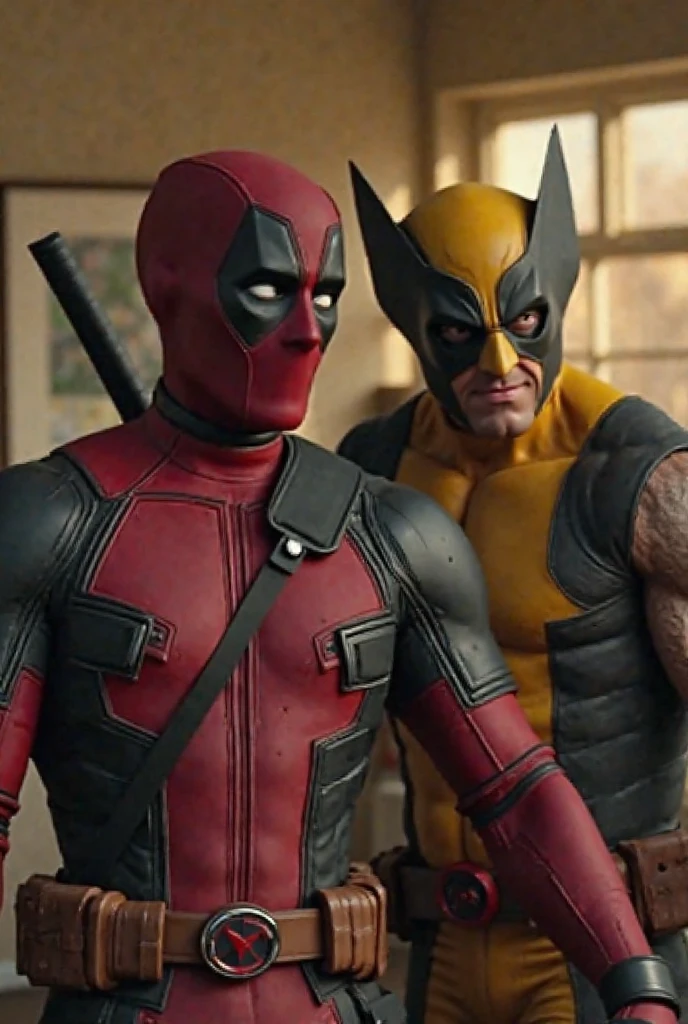 A dimly lit, industrial facility with tall gates and security cameras. Deadpool and Wolverine stand outside, ready for their mission.
   - **Characters**: Deadpool wearing his classic red suit, holding a pizza box with a mischievous grin. Wolverine, dressed in his X-Men outfit, looking annoyed and skeptical.
