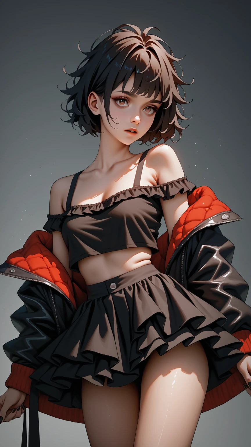(top-quality、8k、32k、​masterpiece、UHD:1.2)、Photos of pretty Japan women、large full breasts、very short bobbed hair、The upper part of the body、sface focus、、(oversized_sweater、:1.1)a necklace、simple background、looking at the viewers、Leaning forward、a smile