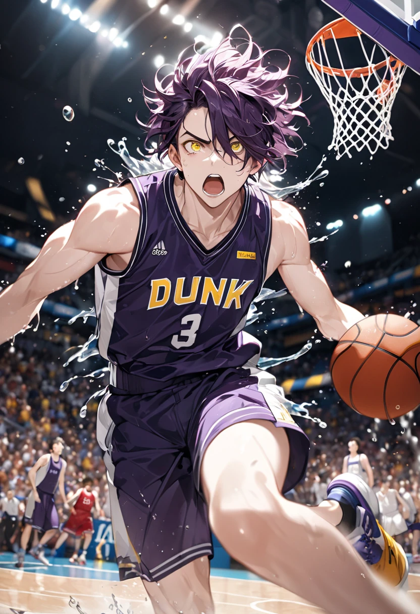 anime characters: 1guy, Bara, 1Muscular guy, solo, sleeveless basketball jersey, black shorts, thick thighs, purple beanie, small pupils, orange eyes, stubble, smile, black skined male, back, bending over, big ass, muscle ass, booty, gray background, best quality