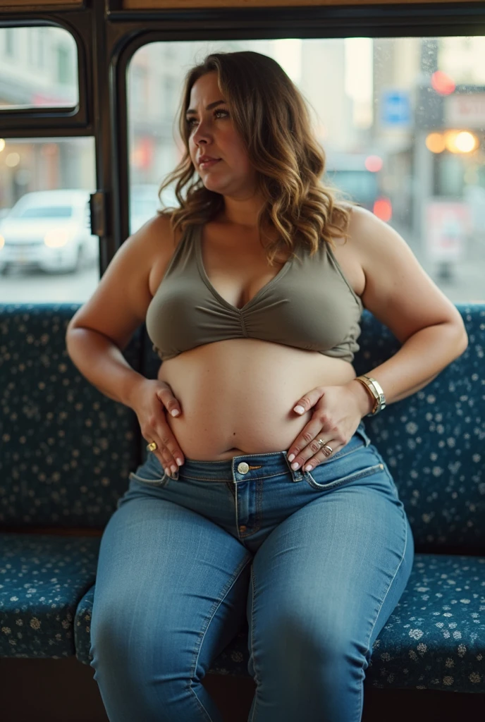 Women with big fat, loose bellies are Tess Holliday. Beautiful blonde women with beautiful faces are severely obese, obese American women with big, loose, protruding bellies wearing tailored jackets sitting on sofas in Brooklyn style brick rooms, 4K quality, low angle