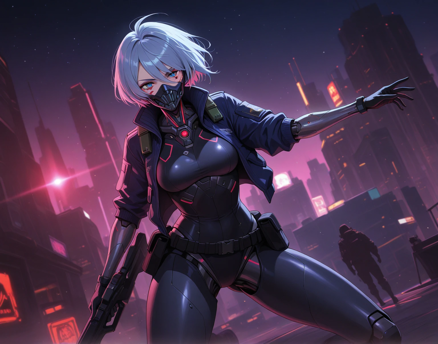 1girl, long gray hair, military gear, tactical vest, black clothes, oxygen mask, black gloves, glowing purple eyes, mechanized, giant robot behind her