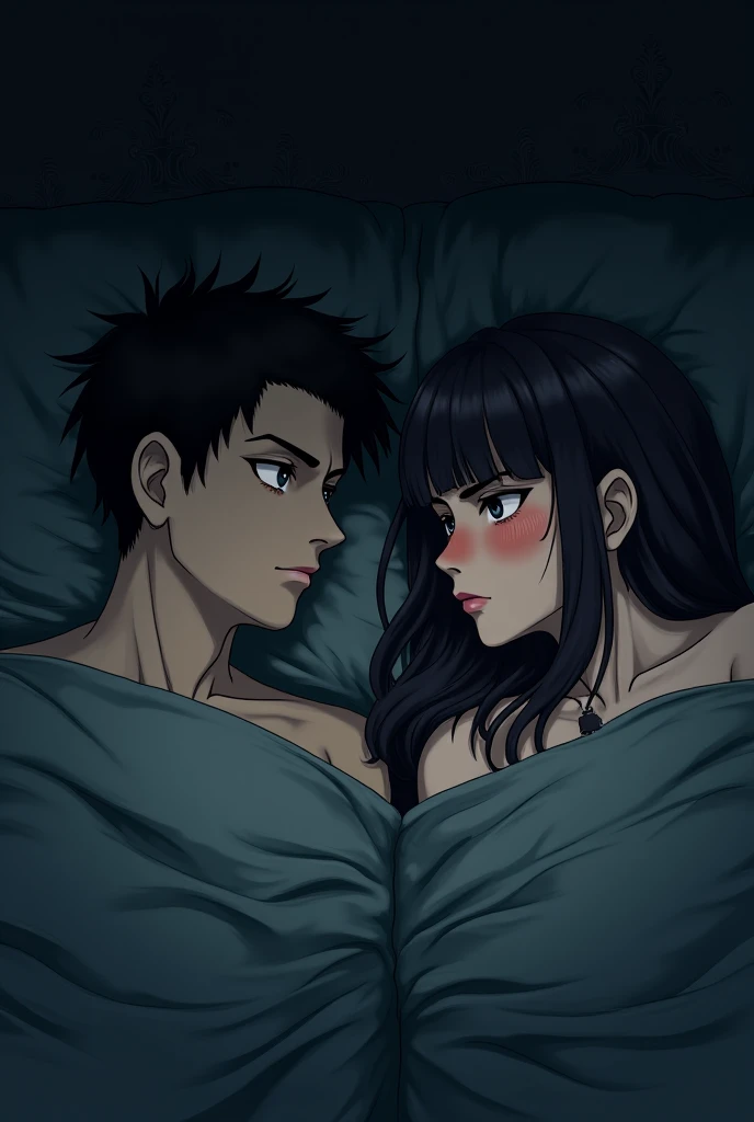 1 girl with long hair, 1boy, black hair, girl hugging boy, lying, from side,