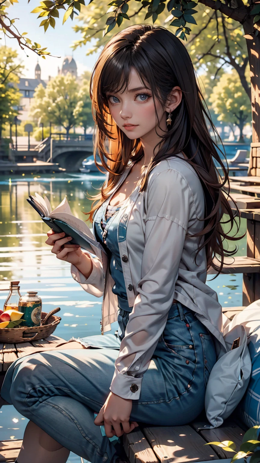 1girl, squat on knee, on the water, holding intricate mechanical device, city, flood, water reflection, (from below:0.6), detailed face, thigh, strap gap, water resistant jacket, cleavage, photography, indonesian, high school, golden necklace, earring, ornate detail, flowers, blurry background, soft focus,