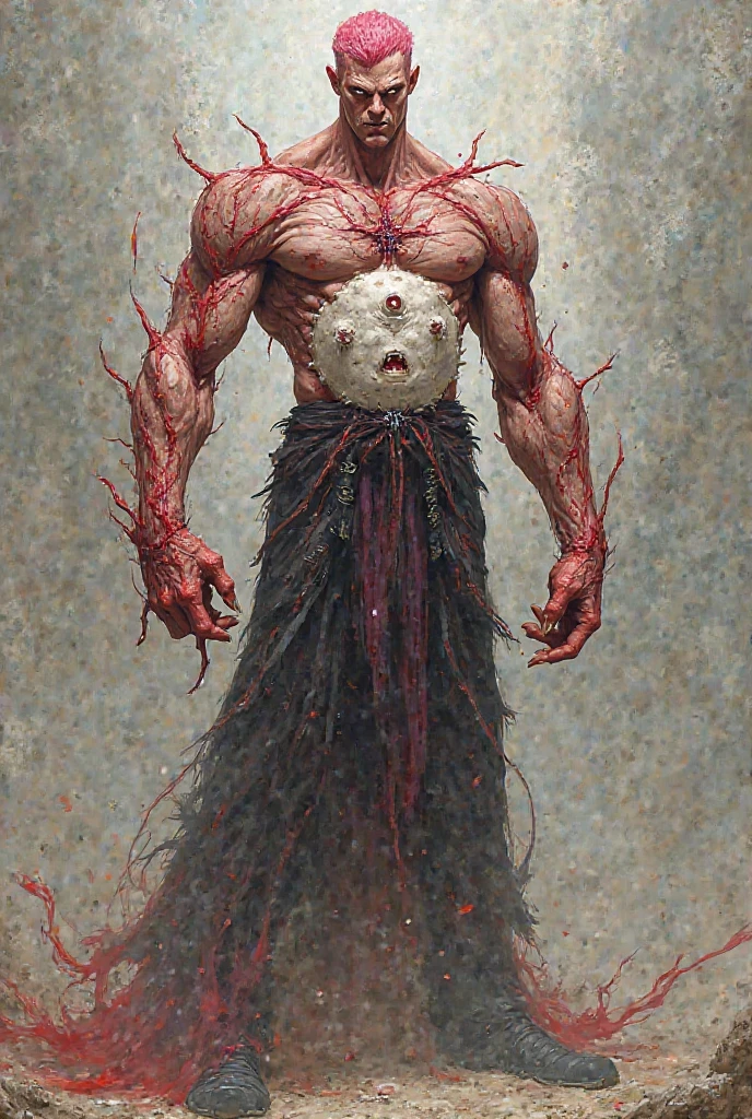 An icon of a person in transformation, depicting a lunatic religious fanatic. His red eyes glow with insanity, while blood flows around him. The body, in a state of mutation, begins to deform into a zombie, mixing insane devotion with the rot of death.