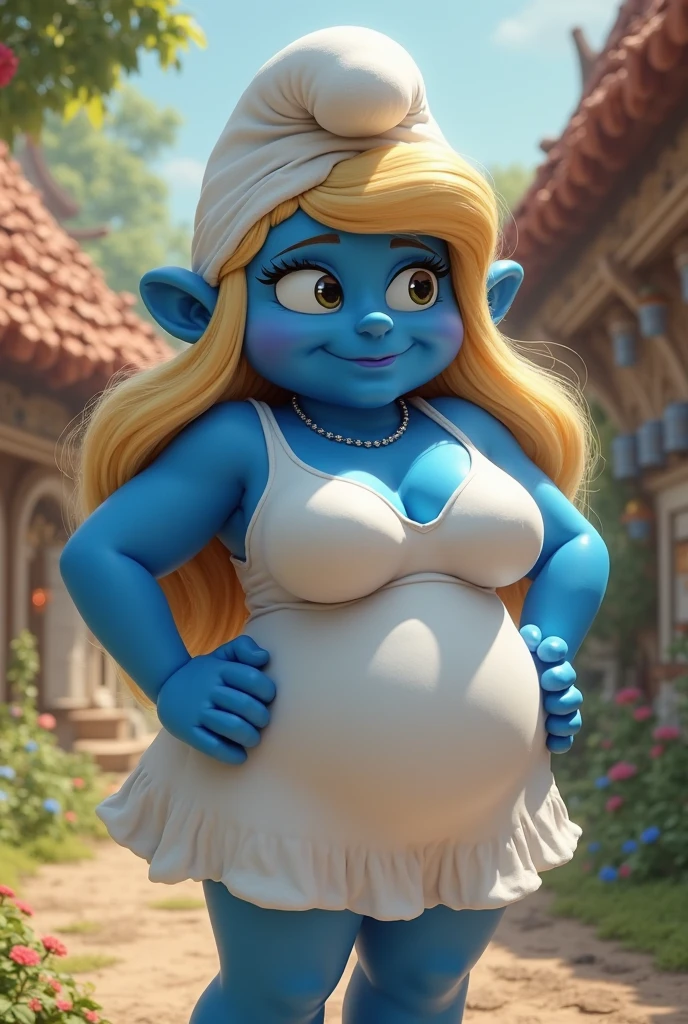 Smurfette with a too big butt, too big breasts, wearing sandals with very tight jeans and a neckline