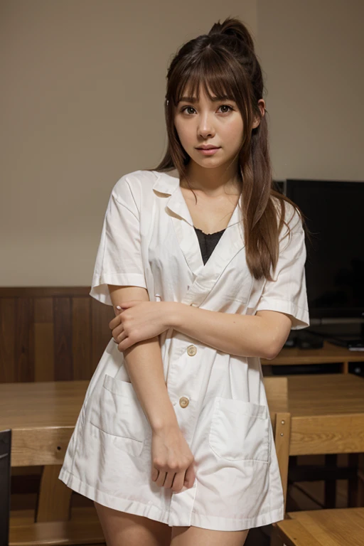 Innocent Japanese anime student with a scared face holding a hammer