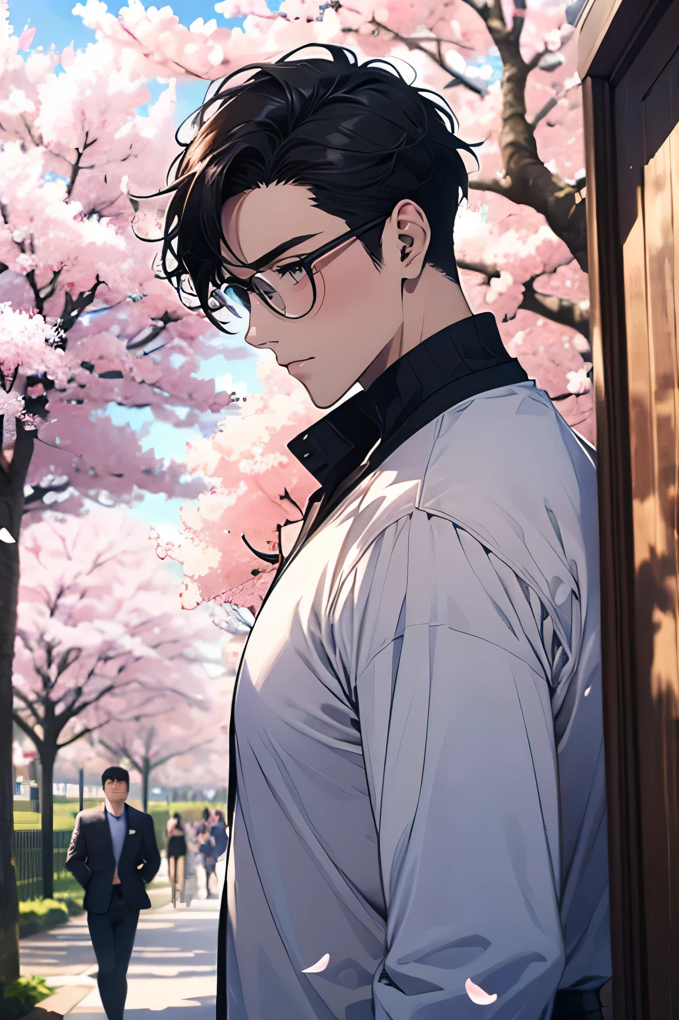 Man Two Two handsome guys very short black hair Face bigger than shoulders Face up big and above shoulders face up glasses tight high neck shirt navy cherry tree at the entrance ceremony blue sky Cherry blossom trees in the background cherry blossoms in full bloom Man Two は手を取り合って桜の花を見る Man Two は背の高さが同じ