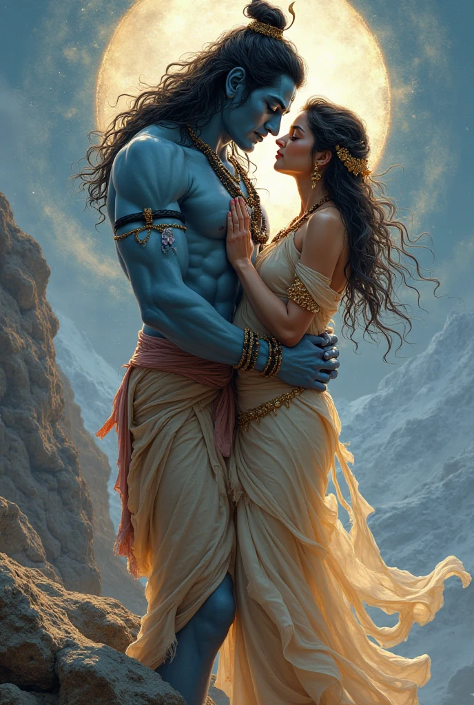 In cinematic style,**Shiva with Sati's Body**
- **Description**: Grieving, Shiva carries Sati's body and performs the Tandava (cosmic dance). The image can show Shiva holding Sati's lifeless body, with an intense, sorrowful expression.