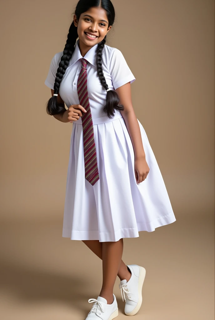 Raw photo , 1 girl ,Wearing white frock and color tie, white shoes ,sri lanka girl, with plait , professional photographer, (hdr:1.4), masterpiece, ultra-realistic 8k, perfect artwork, intrincate details, cute face, award winning photograph, (Best quality, 8k, 32k, Masterpiece, UHD:1.3) ,