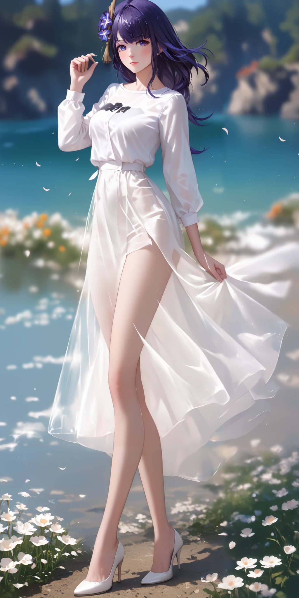 score_9, score_8_up, score_7_up,source_anime, high res image,masterpiece,best quality,girl,cute face,clear skin,Raiden_Shogun_genshin,full-body, glass_high_heels, A photorealistic image of a young Chinese idol seen from the top, with long deep blue mullet hair. She is wearing a light burgundy crop-top that enhances her youthful appearance, see-through. She is standing on a outside overlooking the flower-field at day. Her posture is serene, her hand take care flower, exuding elegance and tranquility pose. The background features a beautiful many flower view with gentle waves and warm.