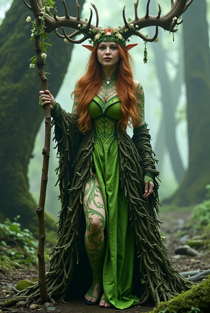 Full body image of an Irish villainess controlling snakes and having them kill people and take over Ireland. Red hair, evil smirk across ruby red lips. Green Ireland themed skintight supervillain costume. Snakes biting and killing people.