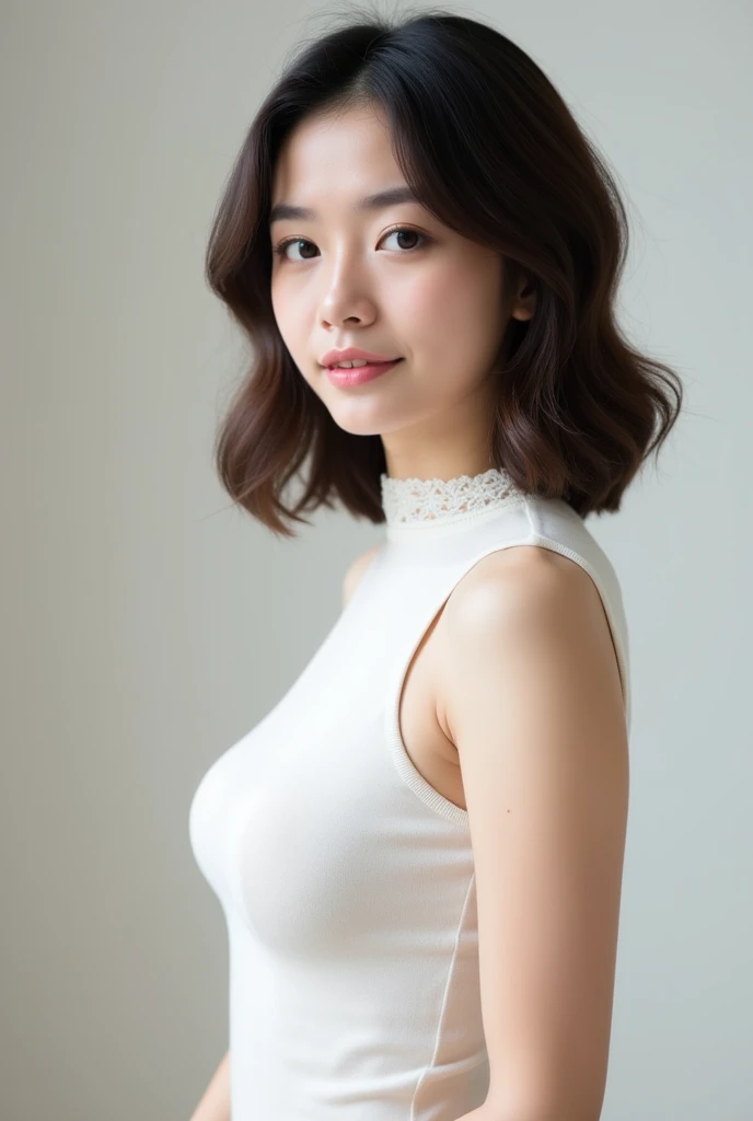 (masterpiece:1.3), (8K, Photorealsitic, Raw photography, Top image quality: 1.4), Japan high school girls、(Random hairstyles:1.2)、cleavage of the breast:1.2、Super Detail Face、Eye of Detail、二重まぶた、Bring your chest together、foco nítido:1.2、prety woman:1.4、light brown hair、top-quality、masterpiece、超A high resolution、(Photorealsitic:1.4)、Highly detailed and professional lighting smile、Loose and light knitwear、Shoulder out、slender、serious facial expression、short-haired、Fatal position