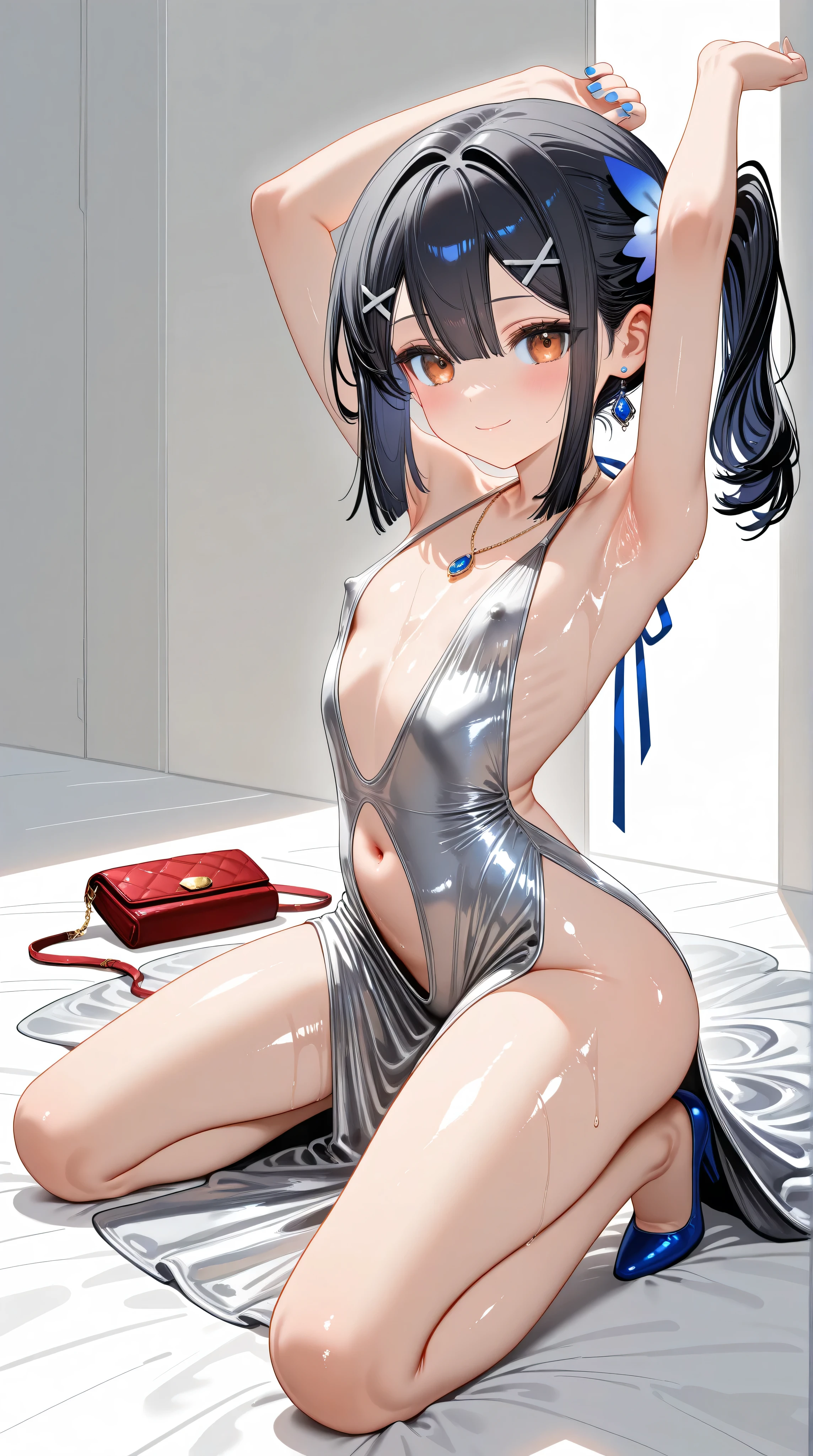1girl,(Miyu Edelfelt),loli,toddler,petite,cute face,black hair,brown eyes,seductive smile,solo,huge ass,full body,colored skin,erect nipples, jewelry, dress,necklace, bangs,x hair ornament, bare shoulders, side ponytail, halterneck, plunging neckline, sidelocks, halter dress, backless outfit, silver dress, nail polish, backless dress, solo, closed mouth, blush, bag, loose-clothes, earrings, hairclip, handbag, sweat, looking at viewer, evening gown,kneeling,leaning back, legs apart,arms up,center opening,navel,thighs, blue nails, flat_chest, official alternate costume, hair between eyes, best quality, amazing quality, very aesthetic, absurdres,masterpiece,best quality,newest,highres,absurdres,very awa,shiny skin,(artist:loika:0.5),(artist:xiaoshou xiansheng:0.8),artist:rin31153336,artist:gawako,(oiled),