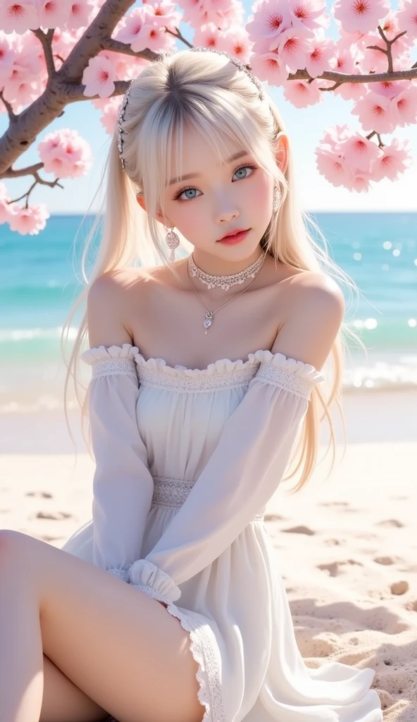 girl with long white hair sitting on a swing, white and purple dress, loving expression, blushing, blue eyes, sunset, medium breast, heart choker, off shoulder, cleavage, beautiful asian young girl,attractive pose, asian girl, best quality, masterpiece, high_res, 1girl, hair ornament, upon body, tyndall effect, photo realistic, rim lighting, two tone lighting, (high detailed skin:1.2), 8k uhd, dslr, soft lighting, high quality, volumetric lighting, candid, Photograph, high resolution, 4k, 8k, blonde hair, beach side, white hair ribbon, rose patterns stocking, see through dress