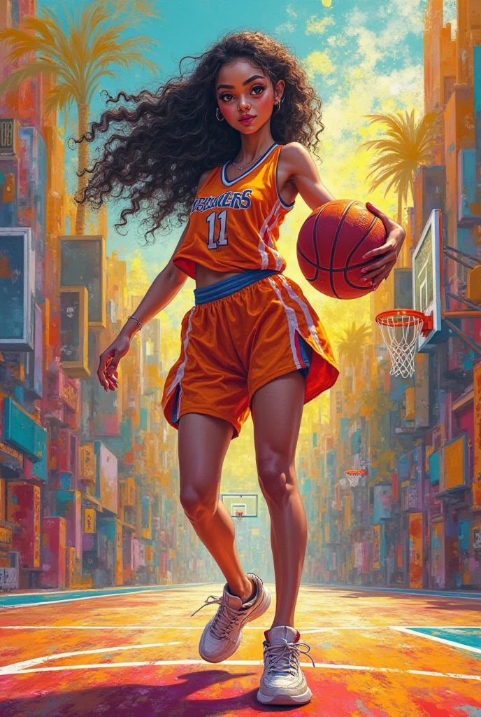 painting of a woman holding a basketball in a street with people, by F Scott Hess, by F. Scott Hess, inspired by F Scott Hess, inspired by Tim Okamura, stunning artwork, inspired by F. Scott Hess, rob mcnaughton, 2 0 2 1 award winning painting, 2021 award winning painting, by James Gurney