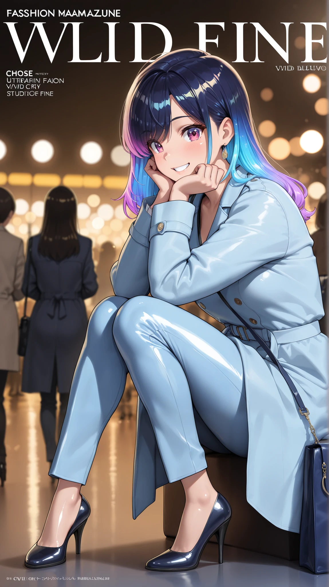 (cover of Fashion magazine:1.4)(best quality,8k,highres, masterpiece:1.2), ultra-detailed, HDR, UHD, studio lighting, ultra-fine painting, sharp focus, physically-based rendering, extreme detail description, professional, vivid colors, bokeh, portraits, concept artists, warm color palette, dramatic lighting,(shiny hair:1.4),Happy laugh,chose eyes,1 woman,Beautiful eyes,Cute face,Pale blue trench coat, high heels, trad vivid blue suit, bright blue Hermès Kelly bag for a quick walk around the city,