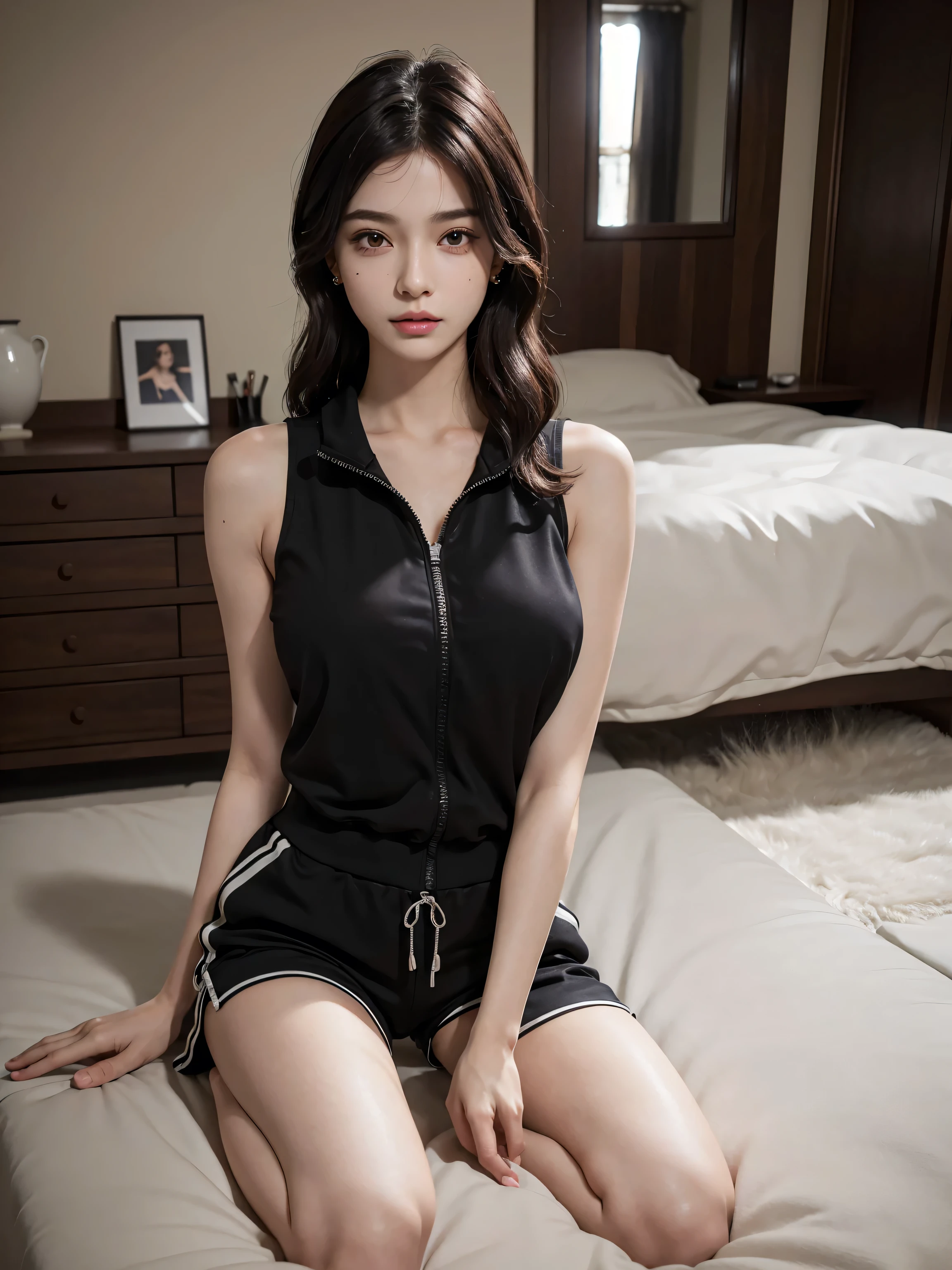 masterpiece、masterpiece、top-quality、top-quality、realisitic、Unity、8K Picture Wallpaper、Official art、Highly detailed CG Unity 8K wallpapers、ulzzang-6500、one girls、cute little、Professional Lighting、((The sheen、Long black spandex shorts:1.37))、The shirt、length hair、dishevled hair、 (Original: 1.2)、(realisitic: 1.4)、ultra-detailliert、hight resolution、ultra-detailliert,splendid, finely detail, lighting like a movie、Simple costumes, Detailed clothing texture、a bed、skirt by the、Projection from above。 (8K、Raw photography、top-quality、masterpiece:1.27)、(realisitic、Photorealsitic:1.37)、physically-based renderingt、a handsome、masterpiece、top-quality、hight resolution、