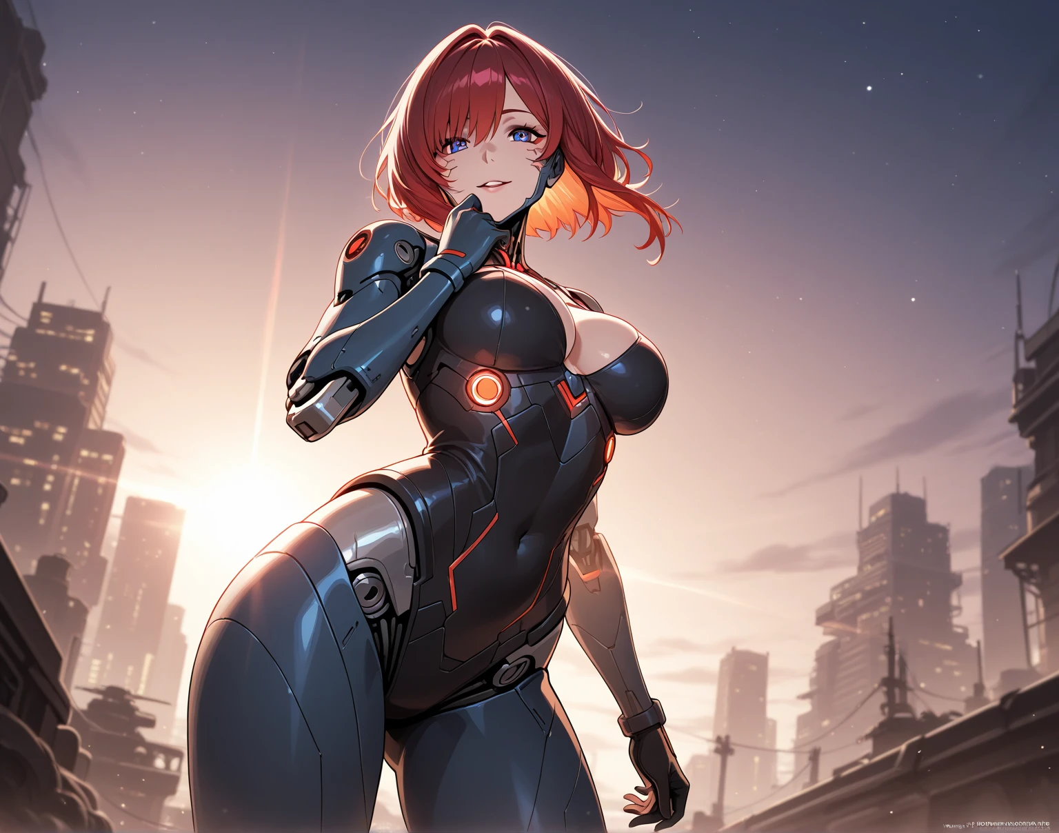Milf, woman in a futuristic suit, highly detailed face, cool, mom, tomboy, very large breast, (Milf), mature face, (mature female), cybersuit, anime girl wearing tight suit, milfication, Elegant body, navel focus, naked body, gloves, earrings, science fiction, female protagonist, standing, volumetric light, detailed lighting, detailed textures, oppai cyberpunk, biomechanical oppai, masterpiece, best quality eyes, sci-fi background, futuristic landscape, low angle, (smooth surface), (simple body suit), red hair
