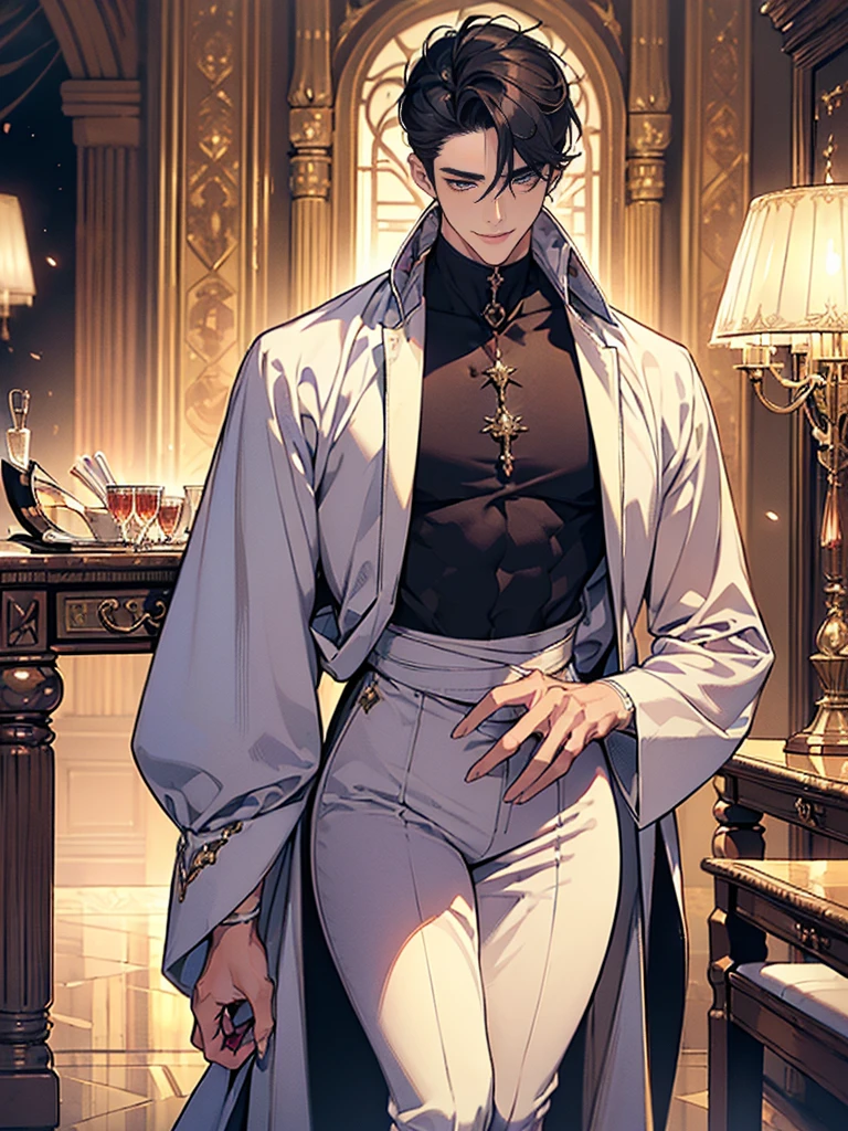 masterpiece, best quality, Practical (absurd, High resolution, Super detailed), details,Delicate and meticulous, 8K, Reality, Dramatic Lighting, high quality,twenty-two year old male,grace、beauty、Handsome,black hair,Bright brown eyes,Slender figure,Look at the camera for a smile,Wearing simple and elegant typical aristocratic style sexy ces,Clothes half-exposed,Strike sexy and stive poses in the opulent aristocratic bedroom, ((masterpiece)), ((movie lighting))