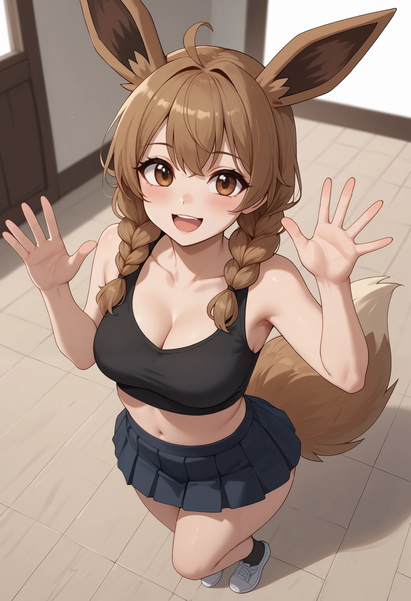 (Masterpiece) (High Detail) (High Res) A full body shot of A very short, cute and petite Human female with pale human skin and brown eyes and long brown braided hair and fluffy brown pointed Eevee ears and a long fluffy brown Eevee tail with a light tip and medium breasts. She is waving and looks cheerful and happy. Human with Animal Ears. From above. She is standing and wearing a black crop top which shows cleavage and black pleated skirt.