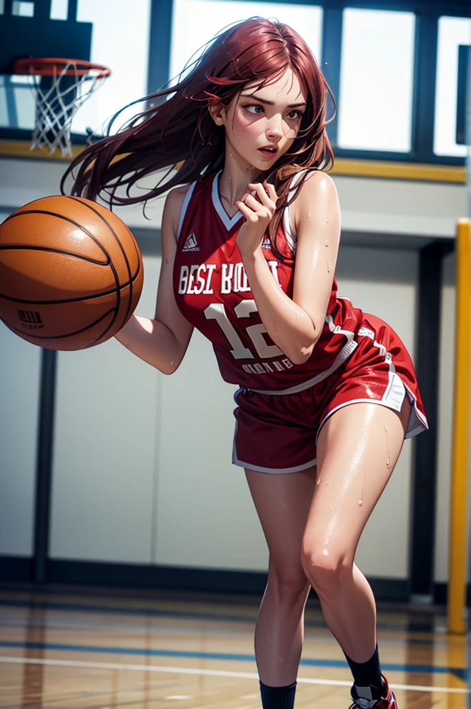 (8K,Photorealsitic Raw photography top-quality;1.4) 1 High School Girl) Super beauty (Lifelike face) Brown-haired short bob Basketball players Flowing sweat Splattering sweat Bursting smile Beautiful woman doing dribbling red and white uniform Beautiful breasts Red wristband on left hand Nike Basketball Shoes Gymnasium Basket goal on background During the match realistic representation real looking skin beautiful expression Beautiful expression enticing 超A high resolution super precision A sexy Dynamism Point your finger at the camera a picture
