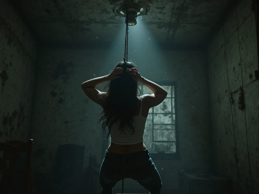 Girl chained up, wearing chain thong, sweating, face hidden. She is in an old boiler room, low angle, from behind, depth of field, film grain, vignetting, bloom, dutch angle, from behind, lens flare, 4K
