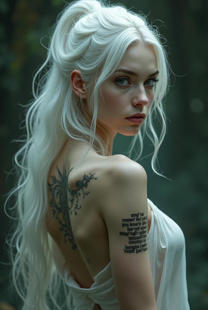 A completely naked white-haired half-elf with a tattoo on her thigh and abdomen 