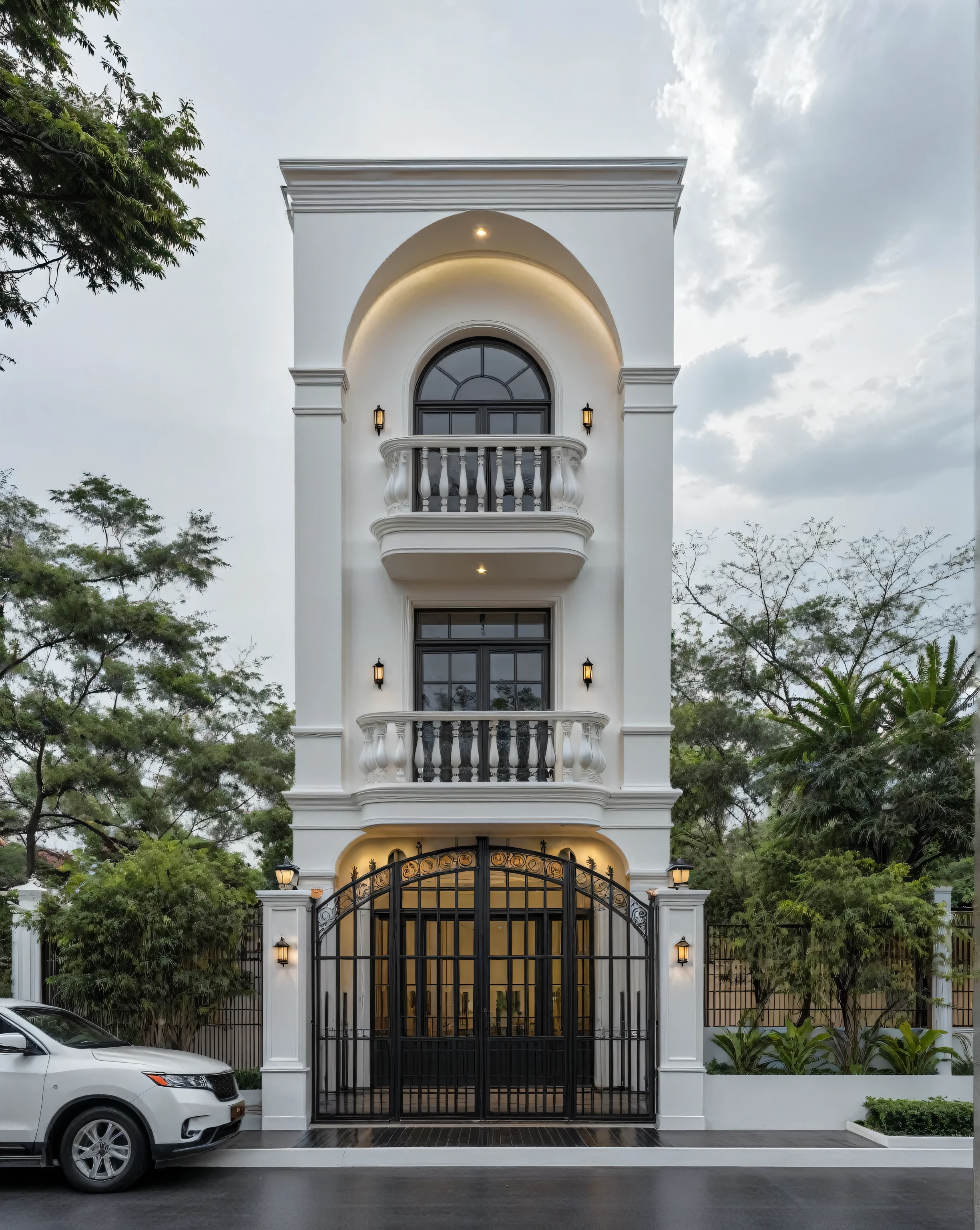 RAW photo, a photo of a classic house, (curvilinear architecture:1.4), rounded wall , white wall ,steel dark door, classic bancony, sidewalk, sidewalk, trees, road, viet nam modern residence, ((architectural shot)), classic house, new residential area, wide angle exterior 2022, contemporary house, exterior photography, masterpiece, contemporary architecture, overcast, indirect lighting, rainy road, light interior