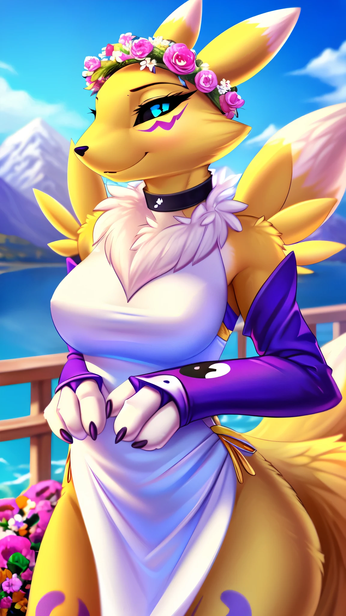 (by ancesra:1.6, by valkoinen, by yourdigimongirl, by doomxthewolf, by smitty g), beautiful, masterpiece, detailed background, best quality, detailed image, colorfull, vibrant colors, mountains background, detailed face, perfect lighting, perfect shadows, perfect eyes, girl focus, perfect hair, blue eyes, perfect face, gorgeous body, hourglass body, shiny body, 1girl, solo, choker, Renamon, fox ears, tattoo, fox tail, facial mark, fox girl, bridal gauntlets, claws, furry, colored sclera, furry female, black sclera, body fur, white fur, yin yang, animal nose, snout, two-tone fur, digimon (creature), yellow fur, purple sleeves, looking at viewer, ((wearing a long white dress, very beautifull dress, extremely and very intricately detailed white dress, crown made of flowers, detailed flower crown)), perfect furry anatomy, shy smile, blush, cute eyes, half-closed eyes, dynamic pose, paws, toes, 3 toes, claws, toe claws, paws, anthro paws, furry paws, perfect hands,