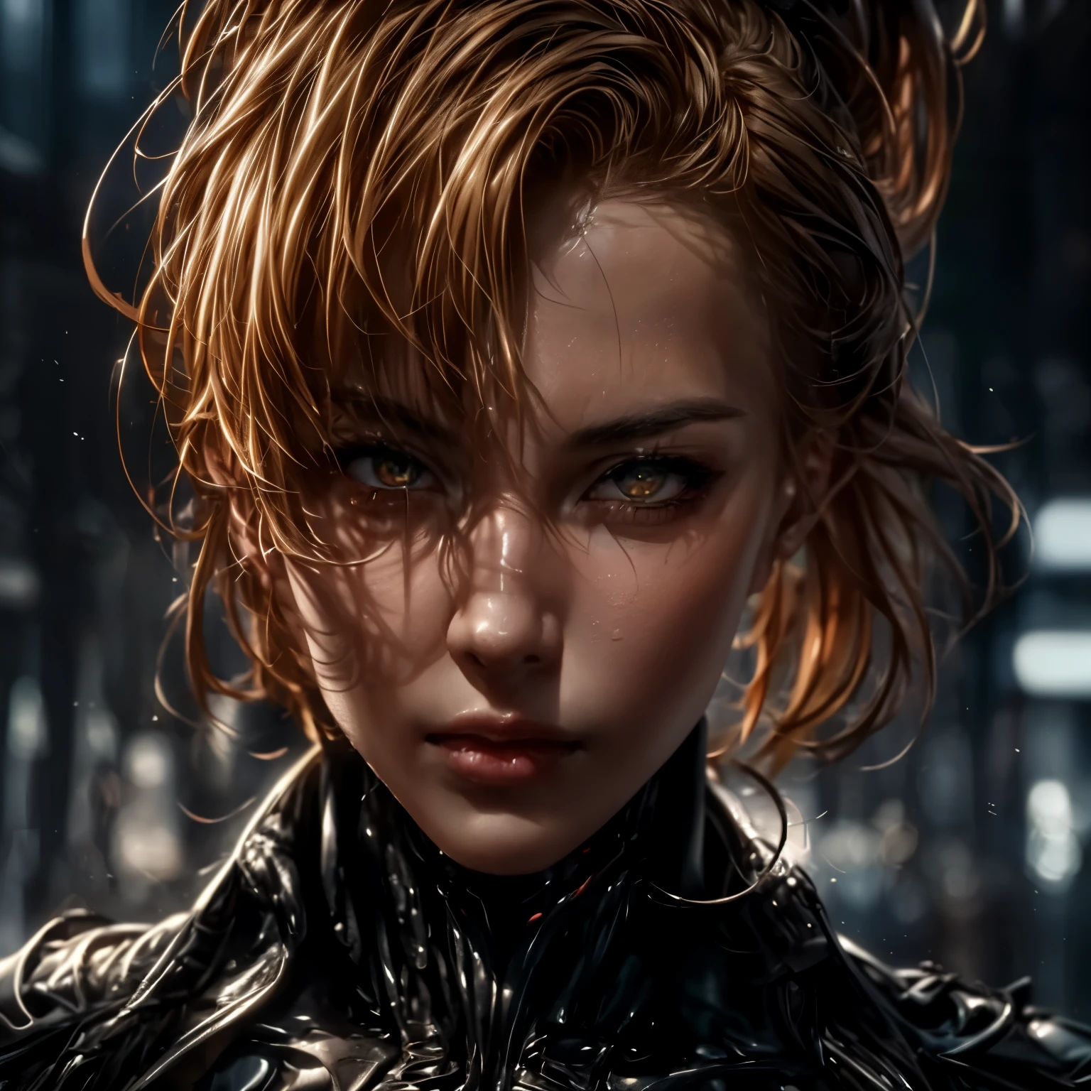 ((extreme quality)), ((Masterpiece)), ((Enrich the picture，Masterpiece level quality)), golden hair, high ponytail, very big breasts, golden eyes, fierce woman, ultra eyes details, RAW 4K, Realistically , ( cinematic lighting, moody, textile shading), perfect proportions, ultra detailed, volumetric lighting, soft lighting, glossy skin, beautiful face, Special face details, strong emotions, elegant gesture, Detailed facial features, Long eyelashes, contrast, Incredible atmosphere, Fascinating setting, Haunting beauty , cyberpunk , female , jacket,