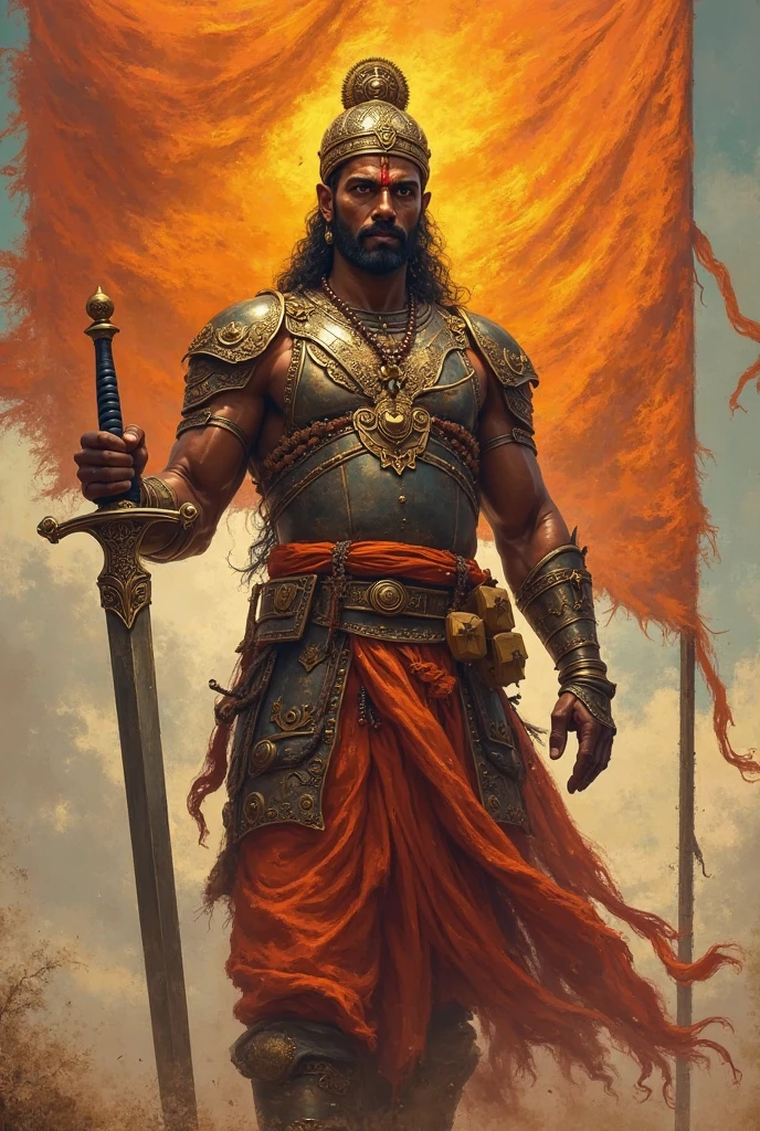 (masterpiece, ultra-high-res, oil painting:1.3), Ashoka the Great, ornate warrior attire, (fiery determination in his eyes:1.4), engaged in a battlefield, steel-clad soldiers, war elephants, dynamic action, dust-filled atmosphere, warm colors, dark and stormy sky, Greg Rutkowski inspired style.