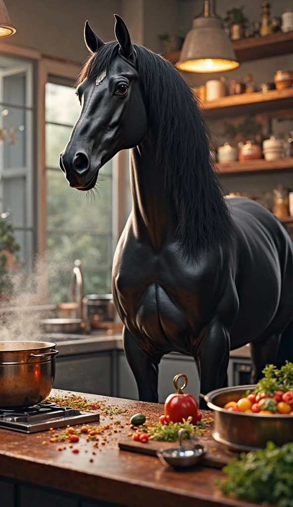 A horse who has a well-built body, he wears a underwear, invades a kitchen, raid the fridge, eat all fruits at fridge, anthro horse, male, adult, black fur, buffed body, sexy, beefy body, furred body, furry chest hair, realistic, full body, photorealistic, ultra realistic, 8k, night, bare-chested, in back turned posing, sexy butt