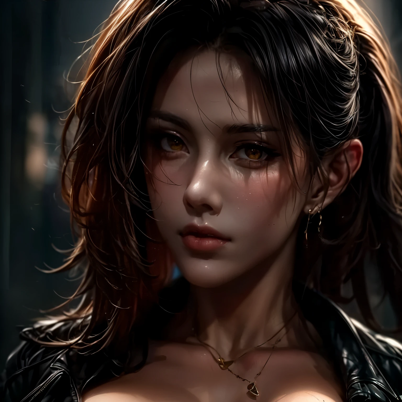 ((extreme quality)), ((Masterpiece)), ((Enrich the picture,Masterpiece level quality)), golden hair, high ponytail, very big breasts, golden eyes, fierce woman, ultra eyes details, RAW 4K, Realistically , ( cinematic lighting, moody, textile shading), perfect proportions, ultra detailed, volumetric lighting, soft lighting, glossy skin, beautiful face, Special face details, strong emotions, elegant gesture, Detailed facial features, Long eyelashes, contrast, Incredible atmosphere, Fascinating setting, Haunting beauty , cyberpunk , female , jacket,