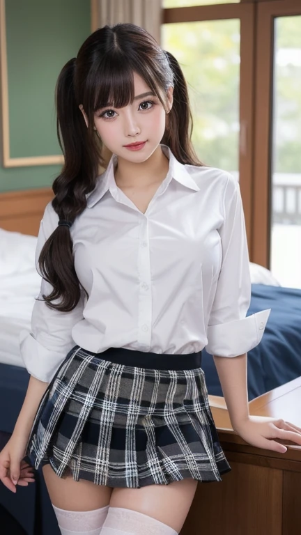 Masterpiece, top quality, official art, highly detailed CG Unity 8K wallpaper, like a schoolgirl, very delicate and beautiful, ultra high resolution, (photorealistic: 1.4), golden hour lighting, (upper body), (platinum shorthair: 0.8), (puffy eyes), looking at the viewer, facing the front, smiling, JK skirt, white dress, Shirt Lift Long Black Hair